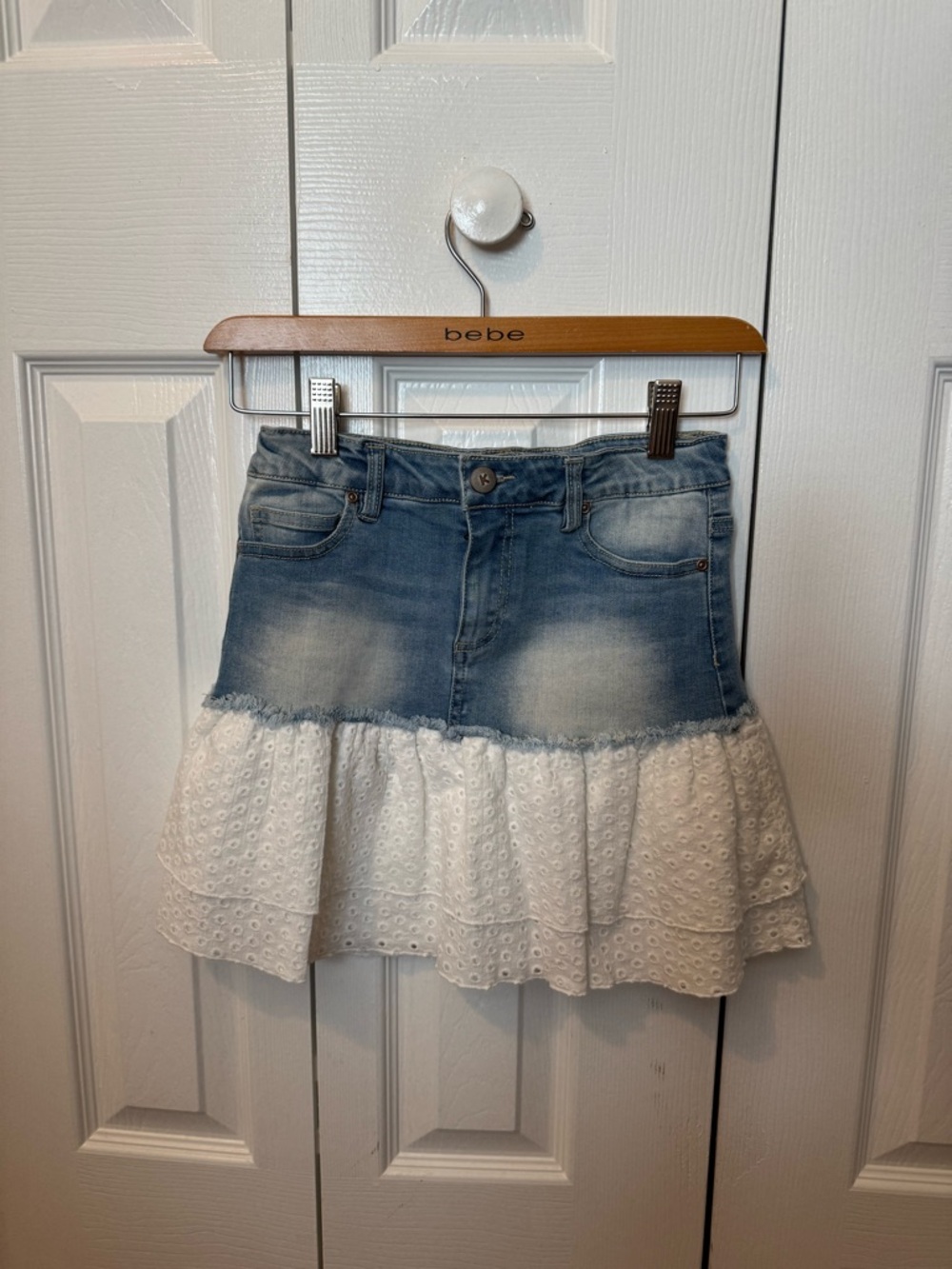 kidpik Light Blue Denim Skirt with White Eyelet Ruffle